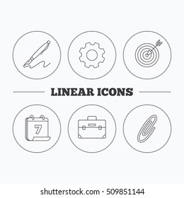 Briefcase, safety pin and target icons. Pen linear sign. Flat cogwheel and calendar symbols. Linear icons in circle buttons. Vector