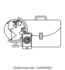 Briefcase and samrtphone with world globe in black and white