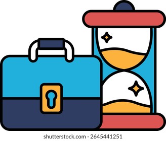A briefcase and a sand timer are shown next to each other. The briefcase is blue and has a keyhole, while the sand timer is yellow and red. Concept of time passing