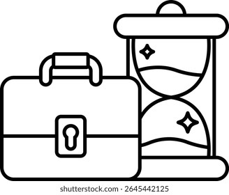 A briefcase and a sand timer are shown next to each other. The briefcase is blue and has a keyhole, while the sand timer is yellow and red. Concept of time passing