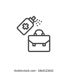 Briefcase sanitizing line icon. linear style sign for mobile concept and web design. Office bag disinfecting outline vector icon. Symbol, logo illustration. Vector graphics