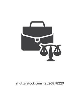 Icono de Vector de maletín y escalas. cartel plano lleno para concepto móvil y Diseño web. Icono de glifo de maletín legal. Símbolo de la profesión legal, ilustración del logotipo. Gráficos de Vector
