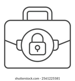 Briefcase with secure lock thin line icon, documents safety concept. Vector graphics. Portfolio bag locked sign on white background, outline style icon for mobile or web design