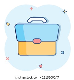 Briefcase sign icon in comic style. Suitcase vector cartoon illustration on white isolated background. Baggage business concept splash effect.