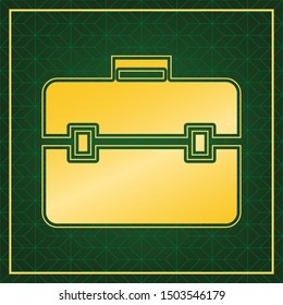 Briefcase sign illustration. Golden icon with gold contour at dark green gridded white background. Illustration.