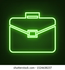 Briefcase sign illustration. Green neon icon in the dark. Blurred lightening. Illustration.