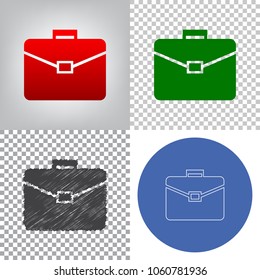 Briefcase sign illustration. Vector. 4 styles. Red gradient in radial lighted background, green flat and gray scribble icons on transparent and linear one in blue circle.