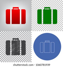 Briefcase sign illustration. Vector. 4 styles. Red gradient in radial lighted background, green flat and gray scribble icons on transparent and linear one in blue circle.