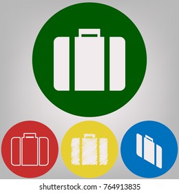 Briefcase sign illustration. Vector. 4 white styles of icon at 4 colored circles on light gray background.
