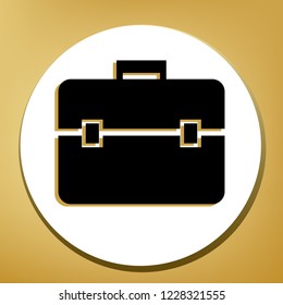 Briefcase sign illustration. Vector. Black icon with light brown shadow in white circle with shaped ring at golden background.