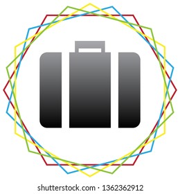 Briefcase sign illustration. Vector. Black icon with patch of light inside colorful hexagonal frames at white background.