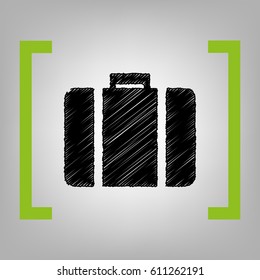 Briefcase sign illustration. Vector. Black scribble icon in citron brackets on grayish background.