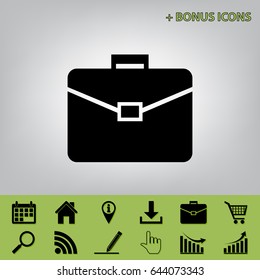 Briefcase sign illustration. Vector. Black icon at gray background with bonus icons at celery ones