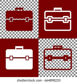 Briefcase sign illustration. Vector. Bordo and white icons and line icons on chess board with transparent background.
