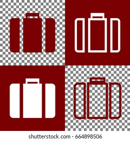 Briefcase sign illustration. Vector. Bordo and white icons and line icons on chess board with transparent background.
