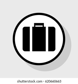 Briefcase sign illustration. Vector. Flat black icon in white circle with shadow at gray background.
