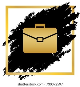 Briefcase sign illustration. Vector. Golden icon at black spot inside golden frame on white background.