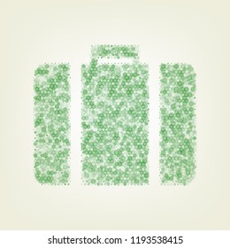 Briefcase sign illustration. Vector. Green hexagon rastered icon and noised opacity and size at light green background with central light.