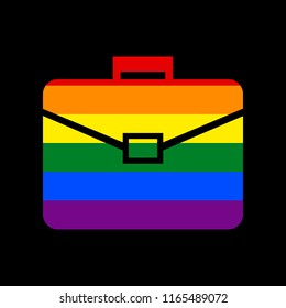 Briefcase sign illustration. Vector. Icon with colors of LGBT flag at black background.