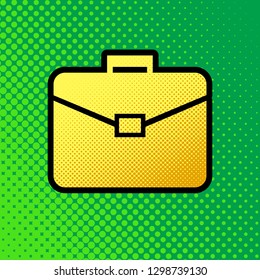 Briefcase sign illustration. Vector. Pop art orange to yellow dots-gradient icon with black contour at greenish background.