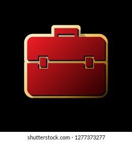 Briefcase sign illustration. Vector. Red icon with small black and limitless shadows at golden sticker on black background.