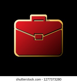 Briefcase sign illustration. Vector. Red icon with small black and limitless shadows at golden sticker on black background.