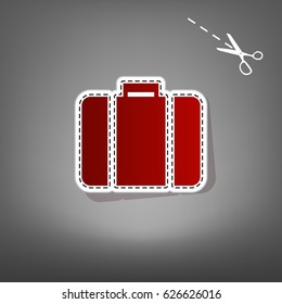 Briefcase sign illustration. Vector. Red icon with for applique from paper with shadow on gray background with scissors.