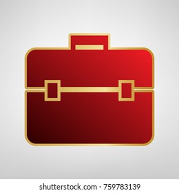 Briefcase sign illustration. Vector. Red icon on gold sticker at light gray background.