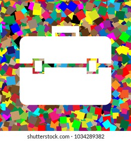 Briefcase sign illustration. Vector. White icon on colorful background with seamless pattern from squares.