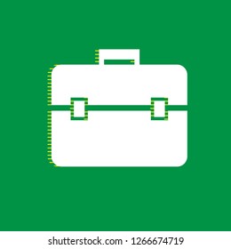 Briefcase sign illustration. Vector. White flat icon with yellow striped shadow at green background.