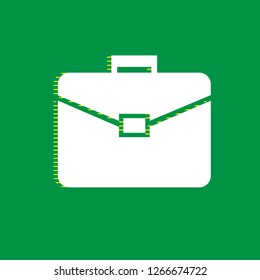 Briefcase sign illustration. Vector. White flat icon with yellow striped shadow at green background.