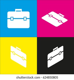 Briefcase sign illustration. Vector. White icon with isometric projections on cyan, magenta, yellow and black backgrounds.