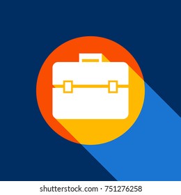 Briefcase sign illustration. Vector. White icon on tangelo circle with infinite shadow of light at cool black background. Selective yellow and bright navy blue are produced.