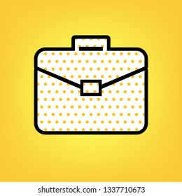 Briefcase sign illustration. Vector. Yellow polka dot white icon with black contour at warm yellow background.
