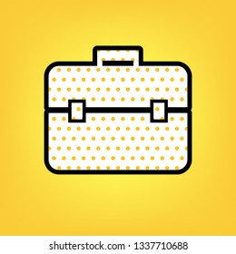 Briefcase sign illustration. Vector. Yellow polka dot white icon with black contour at warm yellow background.