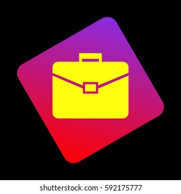 Briefcase sign illustration. Vector. Yellow icon at violet-red gradient square with rounded corners rotated for dynamics on black background.