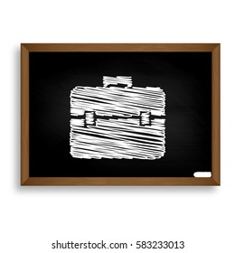 Briefcase sign illustration. White chalk icon on black school bo