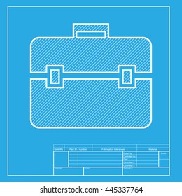 Briefcase sign illustration. White section of icon on blueprint template.