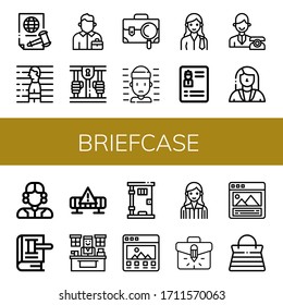juego de iconos sencillos de maletín. Contiene íconos como Justicia, Prisionero, Vendedor, Prisión, Maletín, Abogado, Reanudación, Recepción, Juez, Ley, puede ser usado para web, móvil y logo