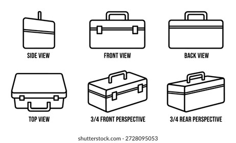Esbozo de maletín en perspectiva diferente, elemento de caja de contorno, objeto de diseño de bolsa simple