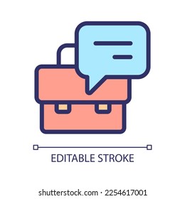 Briefcase with speech bubble pixel perfect RGB color icon. Commercial offer presentation. Corporate communication. Isolated vector illustration. Simple filled line drawing. Editable stroke