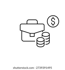 Briefcase, stack of coins and dollar. Cash and finance management, business accounts and investments. Pixel perfect, editable stroke vector icon