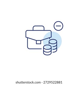 Maletín, pila de monedas y símbolo menos. Reducción de los ahorros e indisponibilidad de inversiones. Icono de Vector de trazo perfecto y editable
