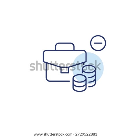 Briefcase, stack of coins and minus symbol. Savings reduced, investments unavailable. Pixel perfect, editable stroke vector icon