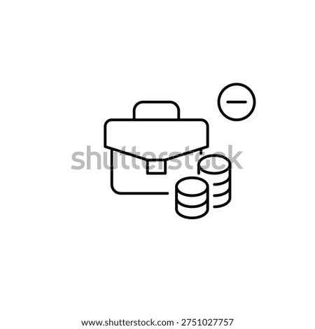 Briefcase, stack of coins and minus symbol. Savings reduced, investments unavailable. Pixel perfect, editable stroke vector icon