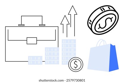 Briefcase, stacks of coins, arrows, larger coin, and shopping bag symbolize growth, savings, and commerce. Ideal for business promotion, financial growth, investment, e-commerce, economic development