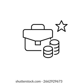 Briefcase, stacks of coins and star. Premium client, financial portfolio badge. Pixel perfect, editable stroke vector icon