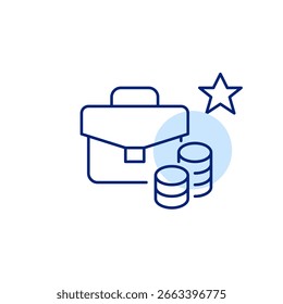 Aktenkoffer, Stapel von Münzen und Stern. Premium-Kunde, Finanzportfolio-Badge. Pixel perfekt, bearbeitbares Strichvektorsymbol