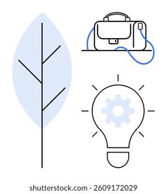 Briefcase, stylized leaf, and lightbulb with gear representing innovation, nature, ideas, and business solutions. Ideal for sustainability, business strategy, startups, environmental initiatives
