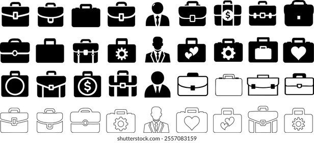 briefcase, suitcase and businessman icon vector illustration set, solid, outline briefcases, businessman, gears, heart, and money symbols. for business, corporate, finance, and professional design